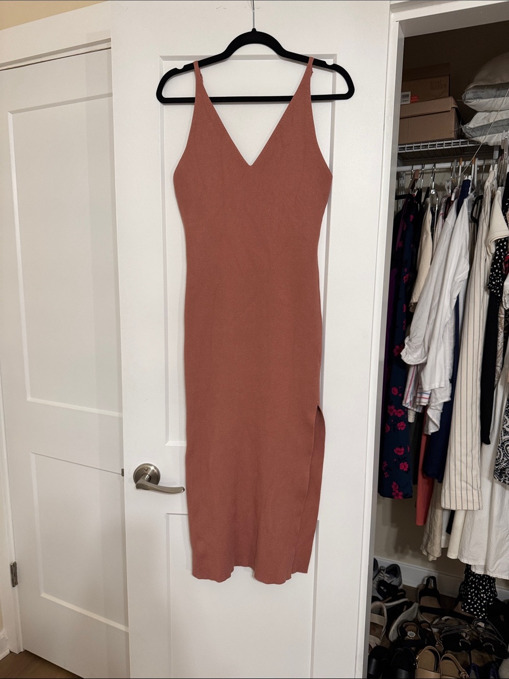 Mustard Seed Ribbed Knit Minimalist Rust Midi Bodycon Slip Dress Size‎ Large